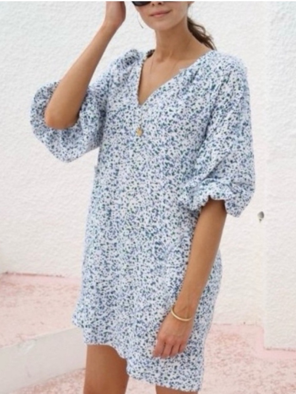 Mirth Caftans Fieldflower Block Print Cotton Raw Fringe Hem Mini Dress Size XS